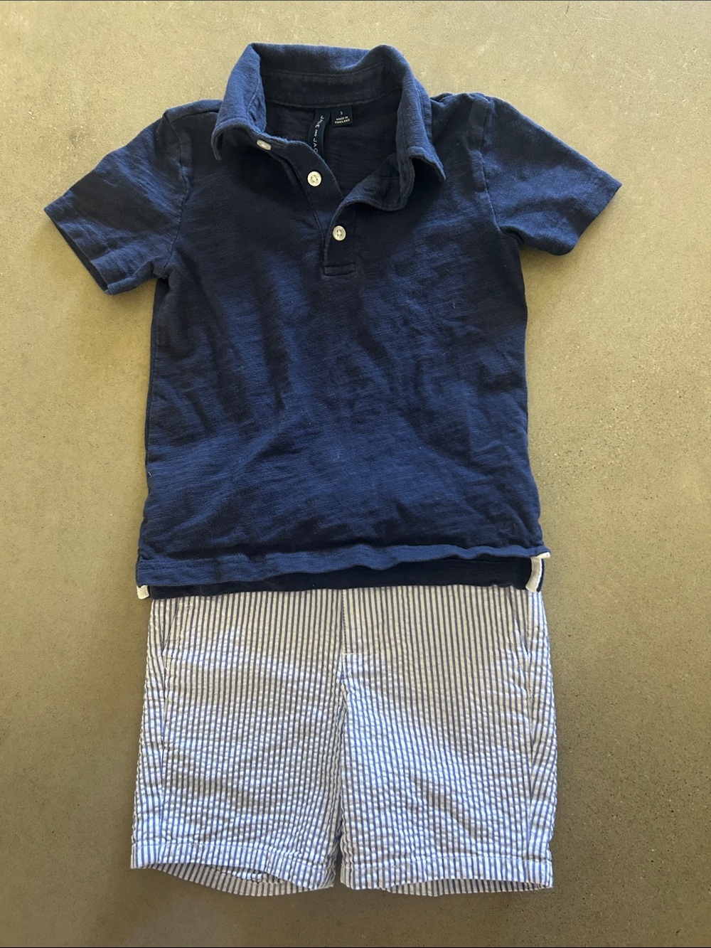 Janie and Jack Navy Short Sleeve Polo - Deep Blue and seersucker shorts